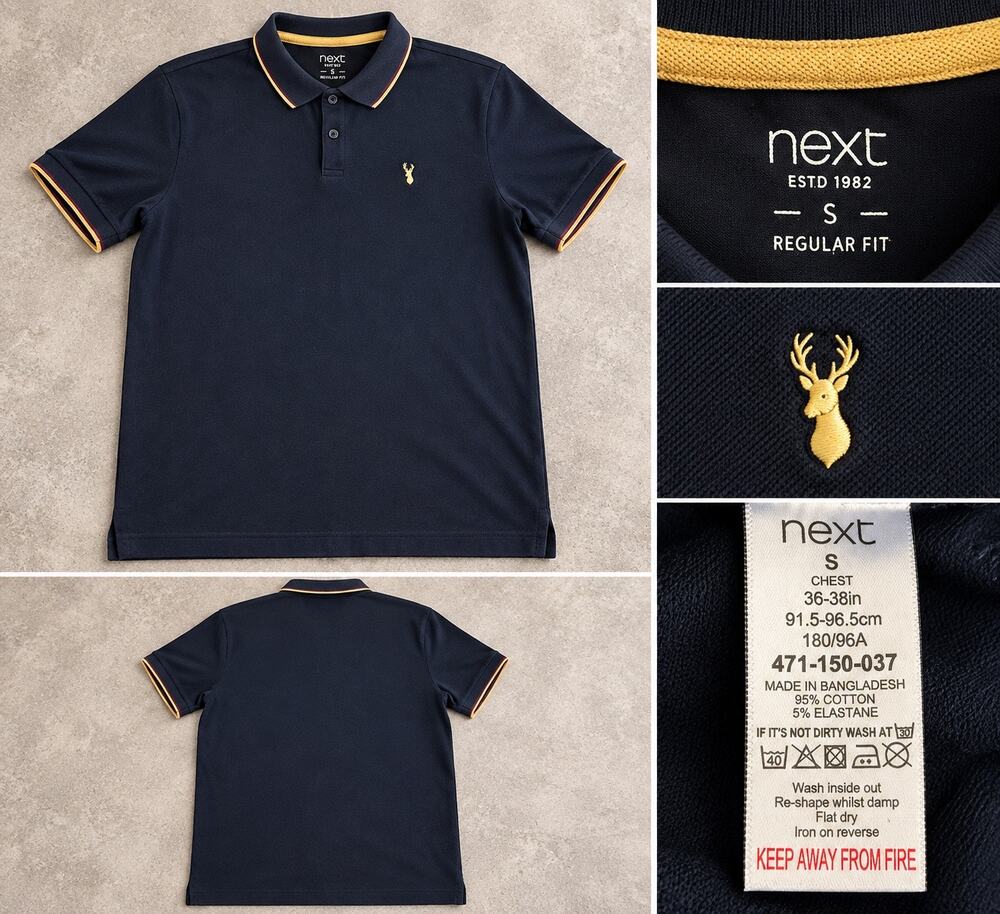 Next Men’s Navy Blue Gold Stag Logo Polo Shirt Regular Fit Size Small